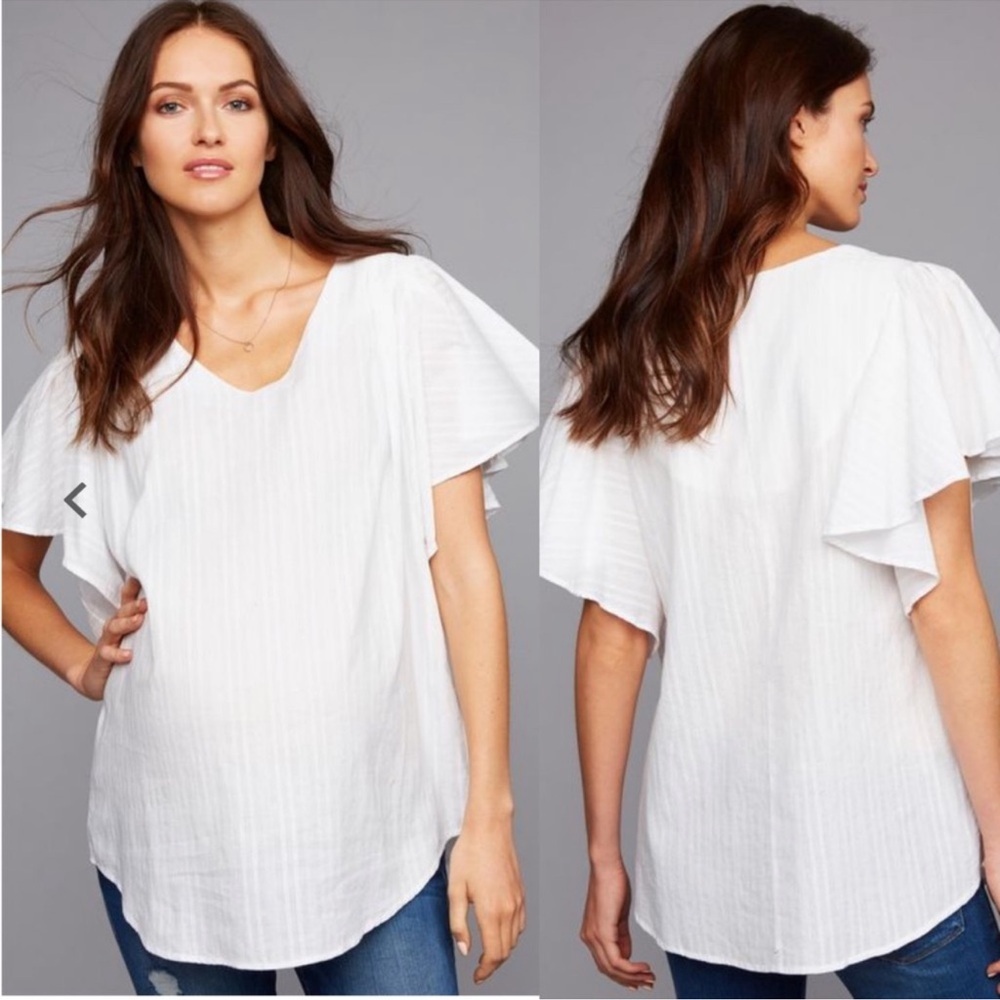 Ingrid & Isabel White Embroidered Flutter Ruffle Sleeve Blouse Maternity NWT